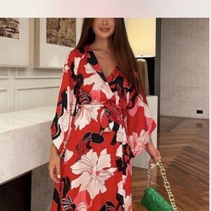 Zara Red and Black Floral Long Sleeve Dress